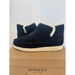 Sperry Mocsider Bootie Black Women's 12M Suede Faux Fur Lined Warm Comfort Shoes